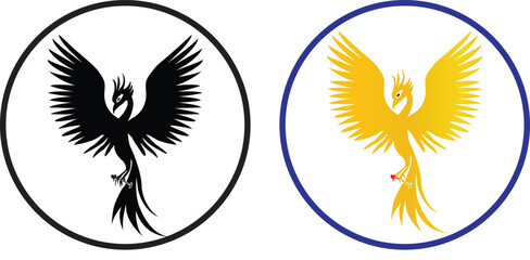 Fototapeta na wymiar logo, logo with a phoenix in the centre of a circle holding a hammer in the right claw and a heart in the left, black color, golden color.