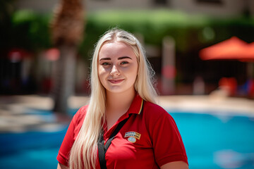 Portrait of a young woman working as a lifeguard in a swimming pool in summer