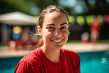 Fototapeta premium Portrait of a young woman working as a lifeguard in a swimming pool in summer