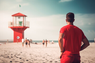 Lifeguard on the beach with the watchtower in the background on a summer day
