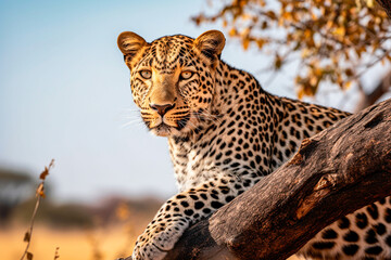 Fototapeta premium Beautiful leopard resting on top of a tree in Africa