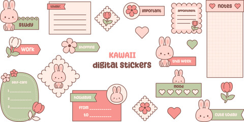 Cute digital note papers and stickers for digital bullet journaling or planning. Kawaii bunny and flowers. Ready to use digital stickers for digital planner. Vector art. - 598889882