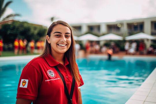 Portrait of a young woman working as a lifeguard in a swimming pool in summer