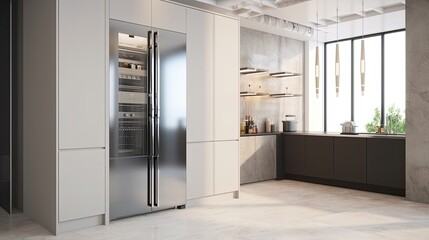 Modern fridge on light interior kitchen Generative AI