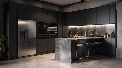Modern fridge on grey kitchen Generative AI - obrazy, fototapety, plakaty