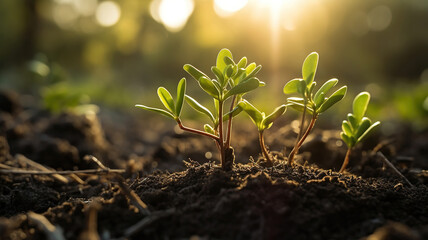 Growing plant,Young plant in the morning light on ground background. Generative Ai
