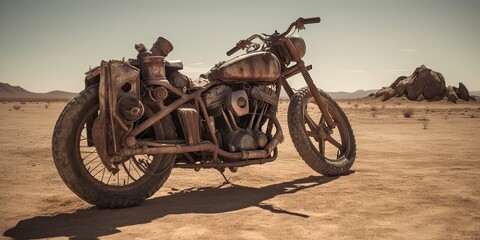 Fototapeta na wymiar AI Generated. AI Generative. Old vintage retro brutal motor bike in desert road. Adventure explore travel vibe. Graphic Art