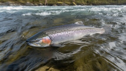 Salmon swimming against river current Generative AI