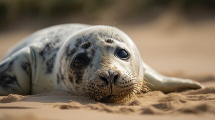 Seal pup on the beach as part of the seal colony at Horsey, Norfolk Generative AI