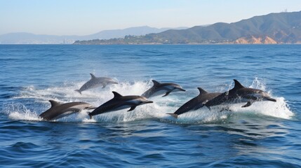 Fototapeta premium Several dolphins jumping out of the water and diving Generative AI