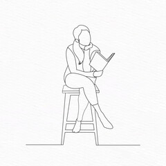 A woman sits on a stool and reads a book line art