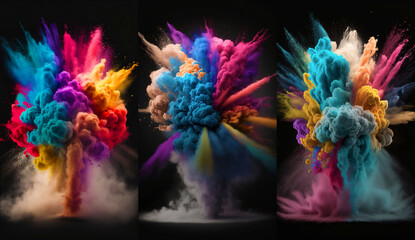 Powerful color paint powder explosion, dust cloud of dry dye splash abstract background. Colorful blend of powder explosion. Mobile vertical walpaper set. Сreative abstract background generative ai.
