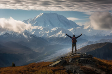Triumph of the Trekker. Witness the exhilaration as a trekker reaches the mountaintop, arms wide open, with snowy mountains on the horizon. Copy space for text. Adventure concept AI Generative
