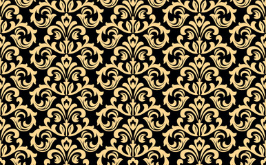 Wallpaper in the style of Baroque. Seamless vector background. Gold and black floral ornament. Graphic pattern for fabric, wallpaper, packaging. Ornate Damask flower ornament