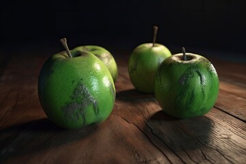 Rotten green apples on a wooden table. Dim studio light. Generate AI.