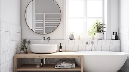 Sink in the bathroom. Light scandinavian interior. Front view Generative AI