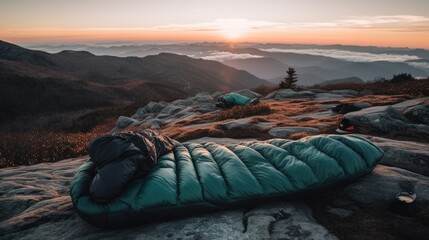 sleeping bag out on top of a mountain Generative AI