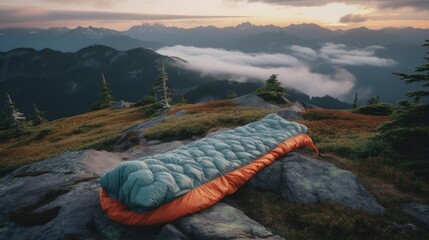 sleeping bag out on top of a mountain Generative AI