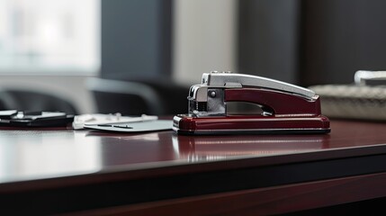 Office stapler on the table in modern business office - obrazy, fototapety, plakaty