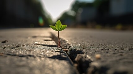 A Small Sapling Emerges Through Asphalt. Generative AI
