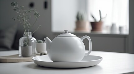 Fototapeta na wymiar teapot on kitchen, light scandinavic interior Generative AI
