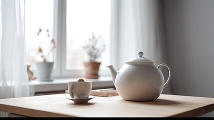 teapot on kitchen, light scandinavic interior Generative AI