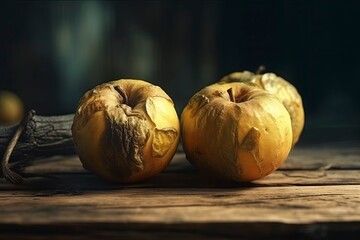 Rotten yellow apples on a wooden table. Dim studio light. Generate AI.
