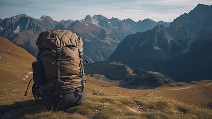 Tourist backpack on a background of mountains Generative AI