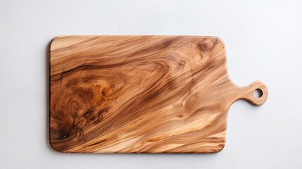 Top view of brand new brown handmade wooden cutting board on white wooden table background Generated AI