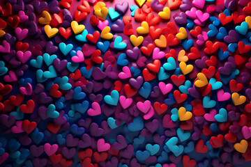 Background in the form of multicolored three-dimensional hearts,  photorealistic style. 