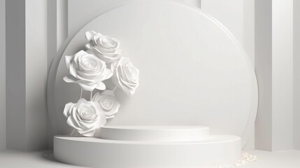 3d render, abstract minimal scene with white rose flowers, podium, pedestal or platform for product presentation.