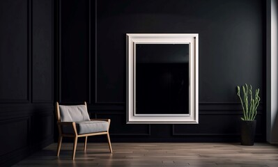 Black interior with chair and picture frame. Mock up, 3D Rendering