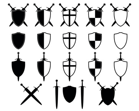 shield with sword set icon silhouette, vector illustration of medieval swords and shields isolated on a white