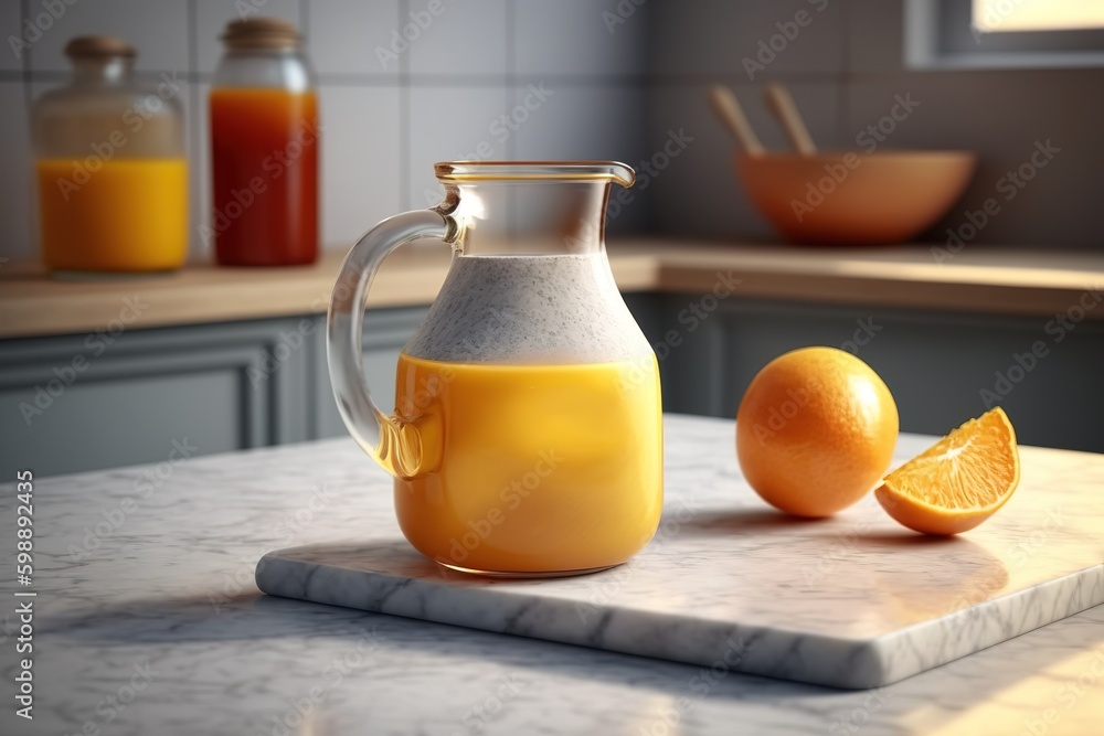 Poster on a marble table is a jug of orange juice with wooden words written on it. generative ai generative