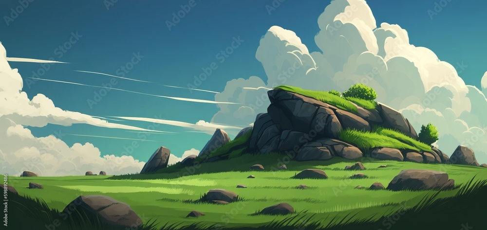 Poster illustration of a landscape with a green hill covered in grass and pebbles set against a blue sky wi