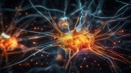 Neurons and Synapses Sending Signals in Glowing Network. Generative AI