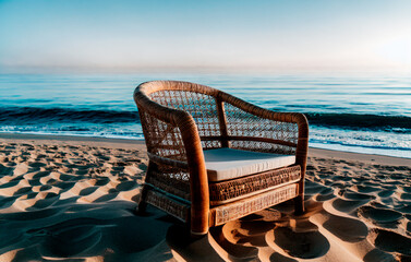 A chair stands on a sandy beach against the background of the ocean during sunset. Generative AI.