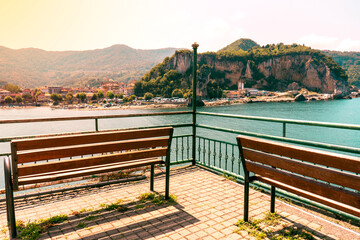 Sea and nature view, wooden bench, Location: Türkiye, Amasra, Çakraz