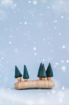 Happy New Year and Merry Christmas. Christmas scene with trees and snow. Festive Christmas object.