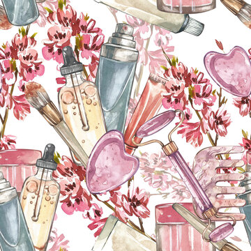 Seamless pattern stone massage, cream, oil skin care, brush, flower isolated on white. Watercolor hand draw illustration