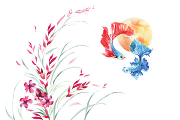 watercolor painting red grass flower swaying and betta fish in the sky 