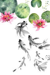 watercolor painting ink chinese goldfish in lotus pond 