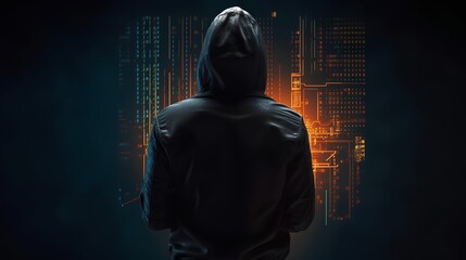 Hacker in a hoodie, back view, under dark lighting. Abstract background of glowing data lines, depicting the critical importance of cybersecurity and the battle against cyber threats. Generative AI