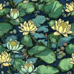 water lily, seamless pattern, Generative AI - obrazy, fototapety, plakaty