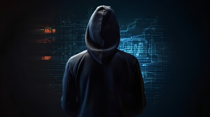 Hacker in a hoodie, back view, under dark lighting. Abstract background of glowing data lines, depicting the critical importance of cybersecurity and the battle against cyber threats. Generative AI