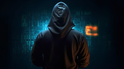 Hacker in a hoodie, back view, under dark lighting. Abstract background of glowing data lines, depicting the critical importance of cybersecurity and the battle against cyber threats. Generative AI