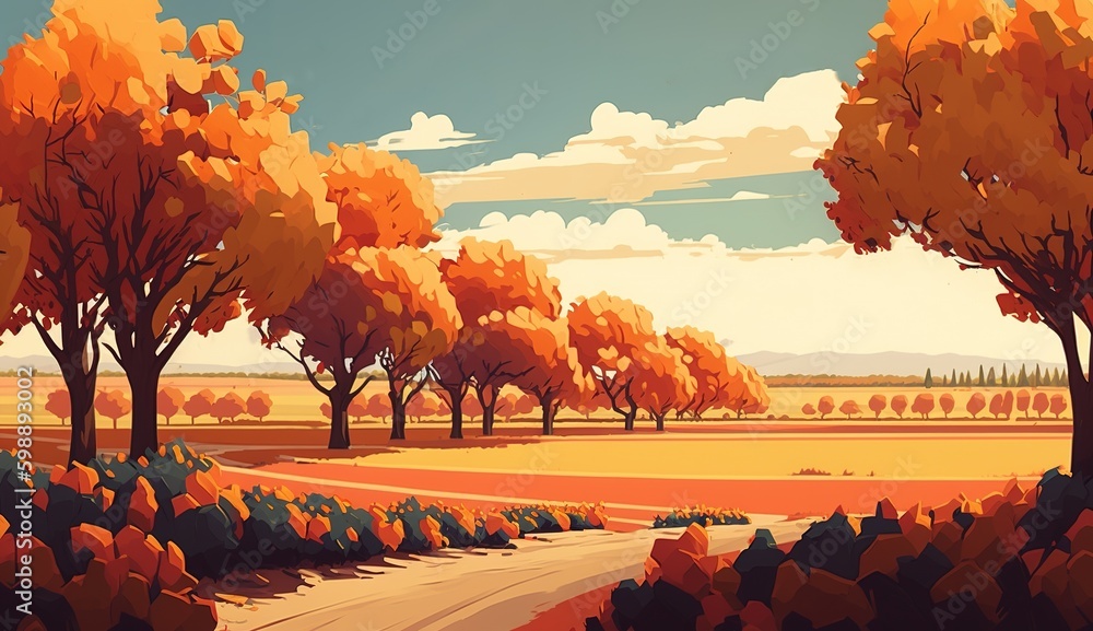 Poster sun-kissed orange trees and meadows make up the fall landscape. generative ai generative ai