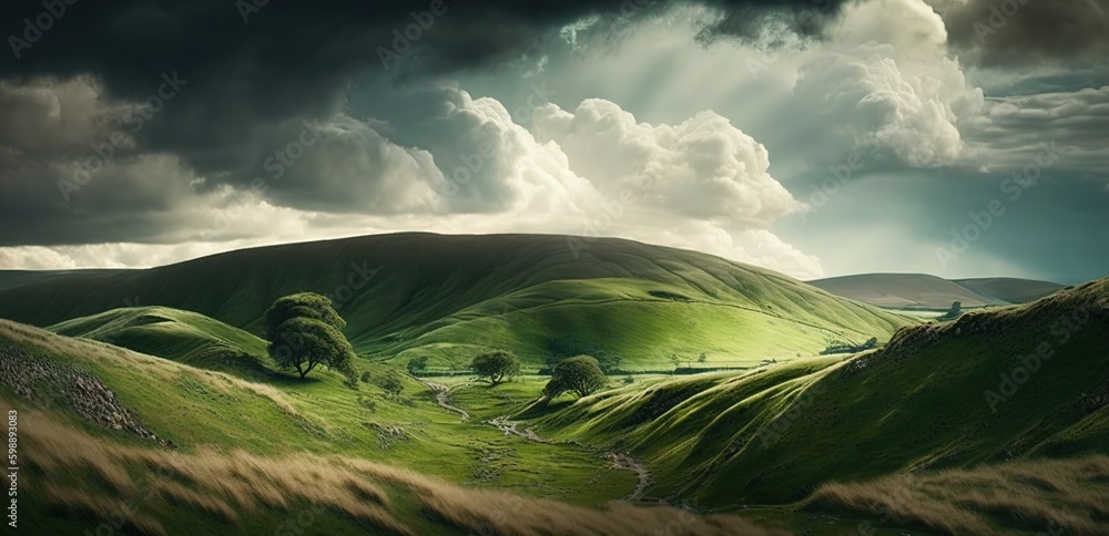 Poster rolling hills with grass and trees, illuminated by overcast daylight and night. generative ai genera