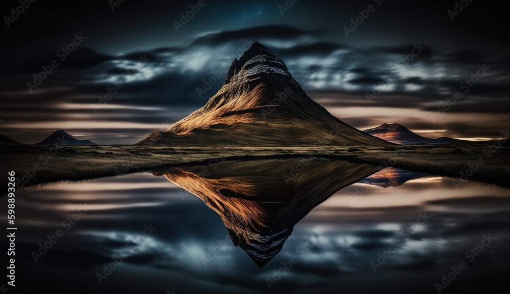 Aufkleber reflection of the kirkjufell mountains in a passing automobile, iceland. generative ai generative ai