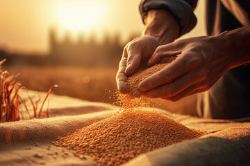 a farmer pours grain from hand to hand over a sack close-up against the background of a field with wheat at sunset. generative ai - obrazy, fototapety, plakaty